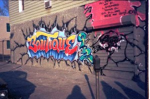 "Boutique 92" - one of Louie's Astoria murals from 1988: 38th Street and Broadway.