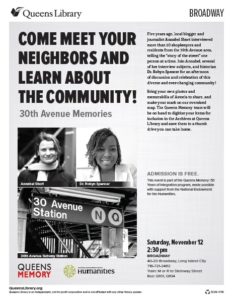 Flyer - November 12 event at Queens Library, Broadway branch